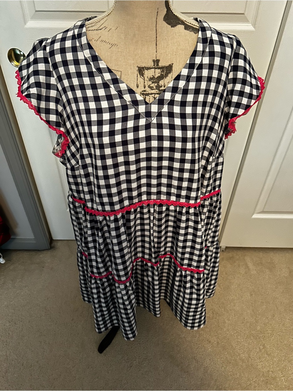 Navy & White Gingham Tiered Casual Dress with Pink Trim